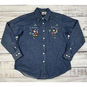 Vtg Disney Mickey Minnie Embroidered Denim Button Shirt Glitter Christmas‎ Sz S